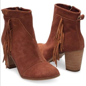 Toms booties, cognac suede with fringe detail